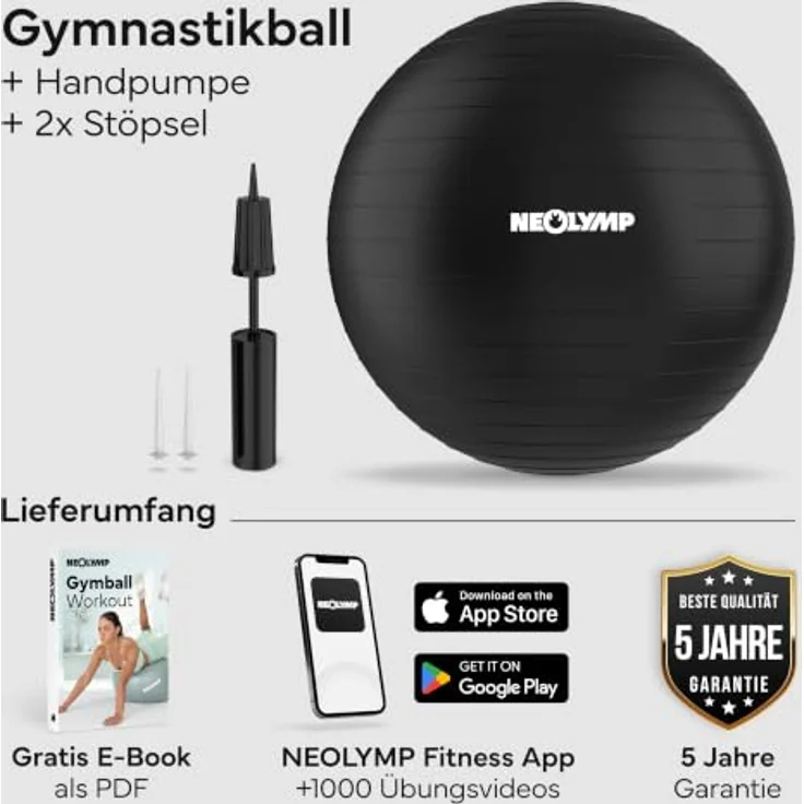 NEOLYMP Gymnastikball, ergonomischer Sitzball für Büro und Training, 300 kg belastbar, rutschfest & Anti Burst, Schwarz, Größe L | 180 cm – Bild 2