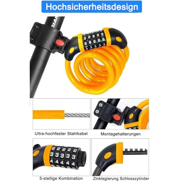 REHKITTZ Fahrradschloss 120cm/12mm Kabelschloss mit 5-stelligem Zahlencode, sehr hohe Sicherheitsstufe, gelb – Bild 2