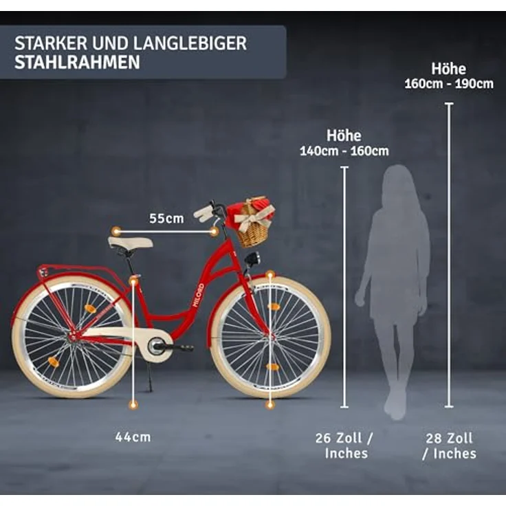 Milordbikes City-Fahrrad 46 cm, rot, Metall, mit Aluminiumfelgen und hinterem Träger für Freizeit und Fitness – Bild 3