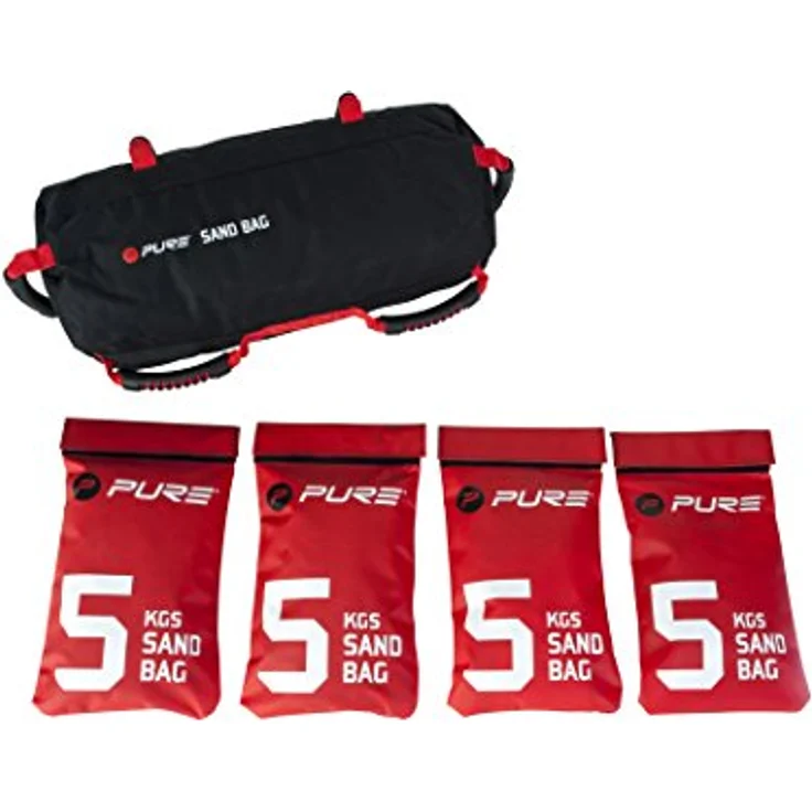 Pure2Improve Sandsack, Schwarz/Rot, 20kg (4X 5kg Einzelsäcke) - Verstellbares Gewicht, Hochwertiges Nylon Material, 6 bequeme Griffe – Bild 4