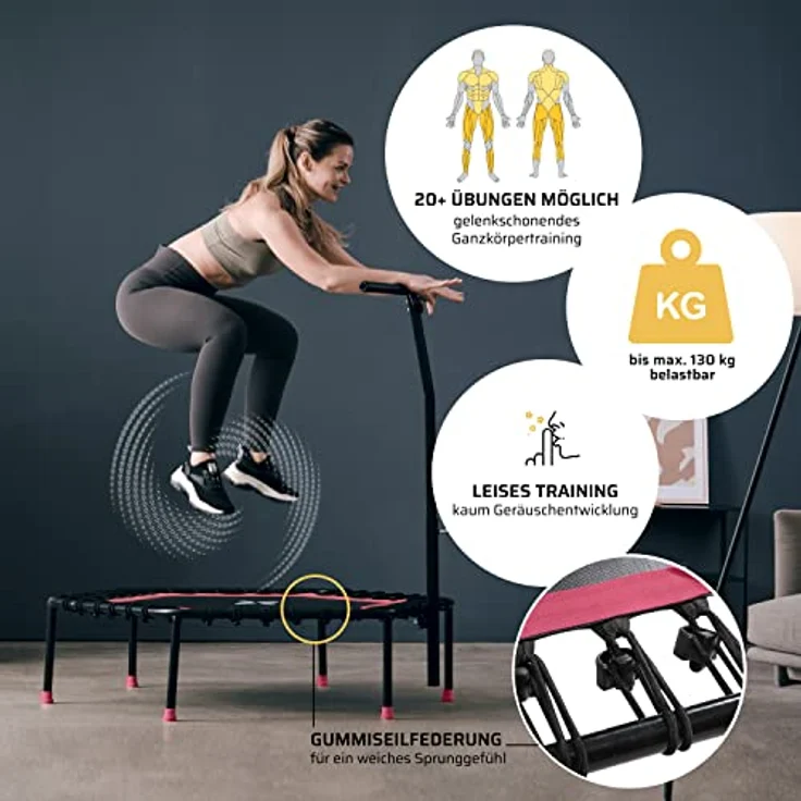 SportPlus I I Fitness Trampolin für zuhause, mit Haltestange (5-Fach höhenverstellbar), weiche Gummiseilfederung, sehr leise & bis 130 kg belastbar – Bild 4