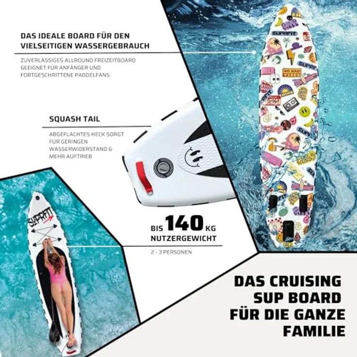 SF SUPRFIT Inflatable SUP-Board Funny Stickers, Touring Board in Weiß, All-In-One Set mit Anti-Rutsch Deckpad, belastbares Material, 330 x 79 x 15 cm – Bild 2
