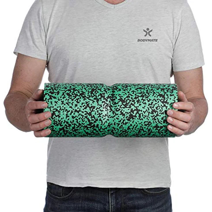BODYMATE Faszienrolle CARE, Mittel-Hart mit umlaufender Rille zur Wirbelsäulen-Entlastung, Schwarz/Grün, 35x14cm, inkl. E-Book mit 25 Übungen – Bild 3