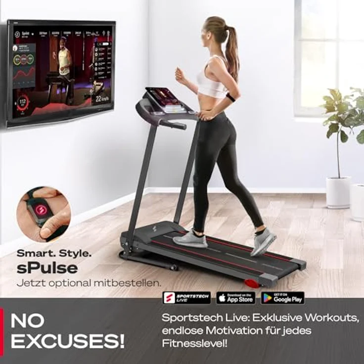Sportstech F10 Klappbar Laufband für Zuhause - Deutsches Qualitätsunternehmen | App-Funktion + Schmierfunktion + 13 Programme | 1PS Geschwindigkeit bis zu 10 km/h | Steigung 120 kg Max – Bild 2