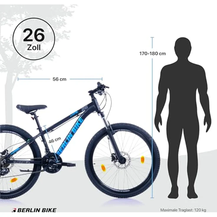 Berlin Bike MTB1 Mountainbike, 26 Zoll, 46 cm Rahmenhöhe, hydraulische Scheibenbremsen, Shimano-Set, Schwarz-Silber – Bild 8