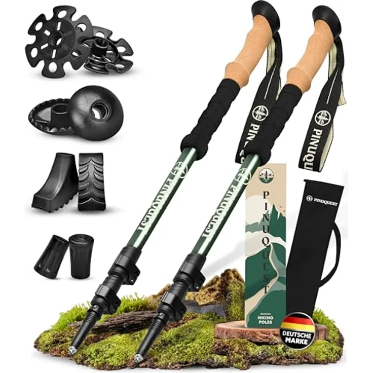 Pinuquest Teleskop Wanderstöcke Aluminium (260g) mit ergonomischem Korkgriff, 4 Aufsätzen für jedes Terrain, für 95-200 cm Körpergröße, grün