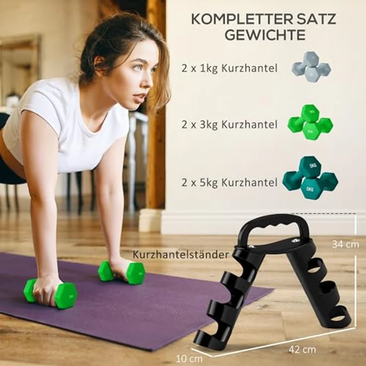 SPORTNOW Hanteln Set 6 Kurzhanteln mit Klappbarem Hantelständer, 2 x 1kg, 2 x 3kg, 2 x 5kg Hexagon-Hanteln, Kugelhantel für Fitness, Gymnastik, Zuhause, farbig – Bild 3