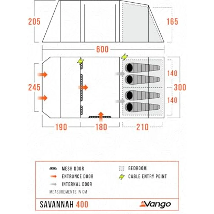 Vango Savannah 400, 4-Personen Zelt mit integriertem Vorzelt, 4000 mm Wassersäule, King Size Midnight Bedrooms, inkl. Zeltbodenschutz – Bild 7