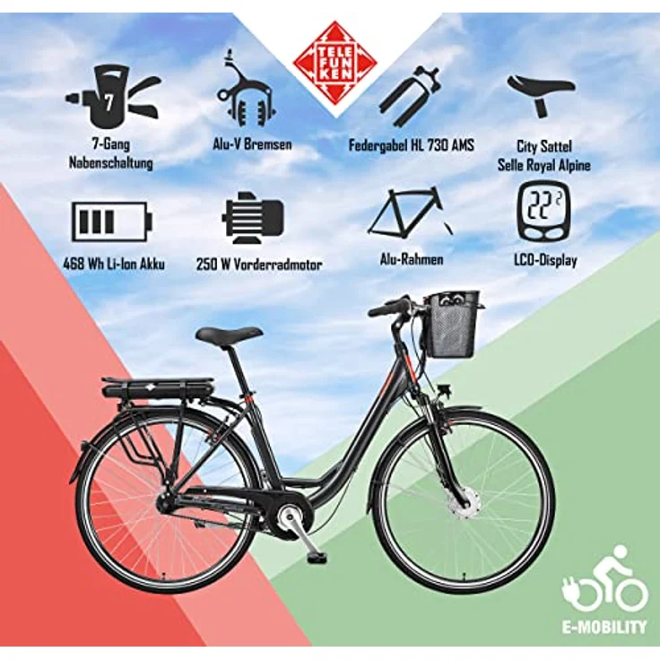 Telefunken E-Bike Elektrofahrrad Alu, 7-Gang Shimano, Pedelec Citybike mit Fahrradkorb, 250W, 13Ah, 36V Akku, 28 Zoll, anthrazit – Bild 5