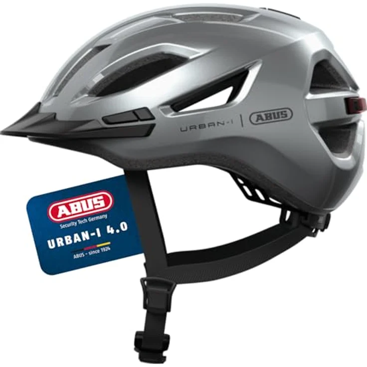 ABUS Urban-I 4.0, Fahrradhelm mit aufladbarem Rücklicht, 2 Leuchtmodi, Zopf-Öffnung, magnetischem Verschluss, Größe M, silber – Bild 2