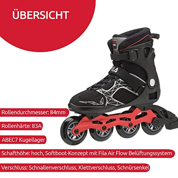 FILA Inline Skate Legacy Pro 84, Herren Inlineskates mit 100 mm Rollen, 84 A Härte, ABEC 7 Kugellager, stabiler Alu-Schiene, Schwarz/Rot – Bild 2