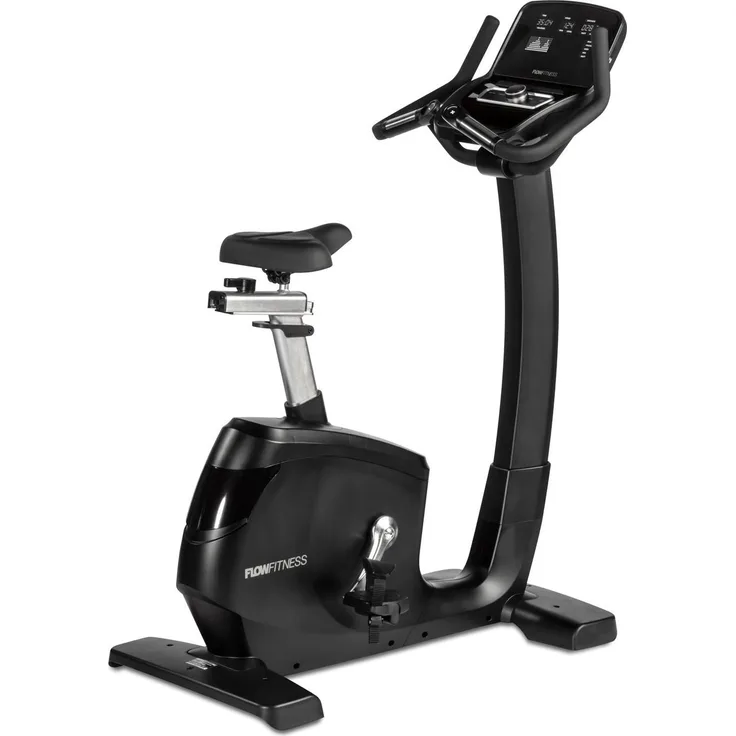 Flow Fitness Pro UB5i, Upright Bike Heimtrainer mit 24 Trainingsprogrammen, 32 Widerstandsstufen und Tablet-Halterung