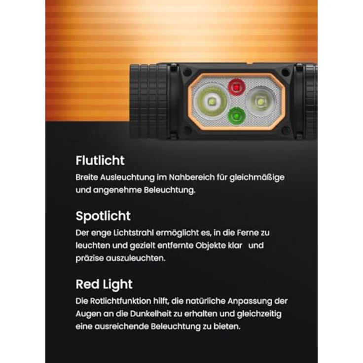 Duracell LED Stirnlampe DH2000R Pro, 2000 Lumen, Digital-Fokus, 120 m Leuchtweite, Rotlicht & Broadview, USB-C wiederaufladbar, 21700 Li-Ion Akku, IP54 spritzwassergeschützt – Bild 3