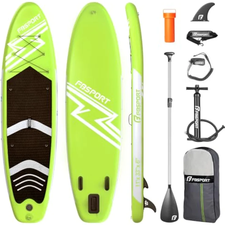 FBSPORT Aufblasbares SUP Board, 15CM dickes Stand Up Paddling Board mit verstellbarem Aluminium Paddel und Pumpe, FruitGreen – Bild 1