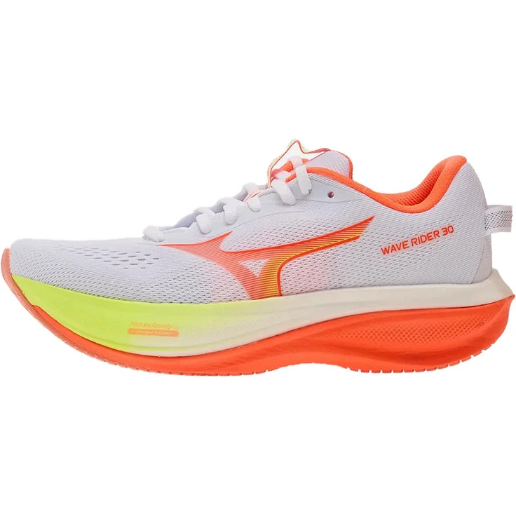 Mizuno WAVE RIDER 30(W), Laufschuh für Damen mit Mizuno Enerzy Nxt Dämpfung, AIRmesh-Obermaterial, White/Flamingo Coral/Lime Pulp, Größe 42