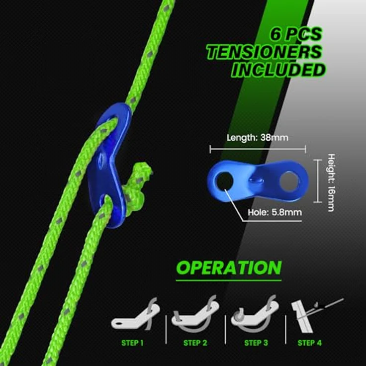 Abma Cord Abspannseile Zeltschnur 30M, 4mm mit 6 Seilspannern, reflektierende Neon Grün, hohe Sichtbarkeit und 300 kg Bruchlast für Camping und Zelte – Bild 5