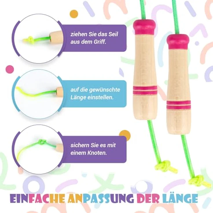 Paleclouds Springseil Kinder, Verstellbares 250CM Jump Rope mit Holzgriff und Regenbogen-Design, ideal für Fitness und Spiel, rosa – Bild 4