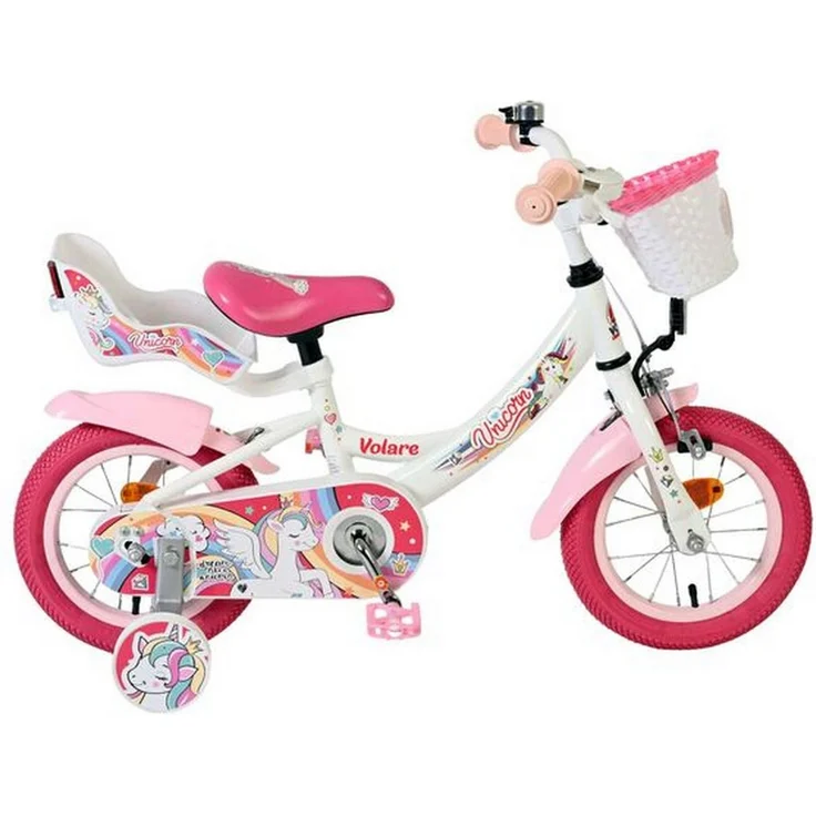 Volare Unicorn Kinderfahrrad 12 Zoll, Mädchen, Weiß, mit Puppensitz, Rücktrittbremse, Handbremse, geschlossener Kettenschutz und Reflektoren