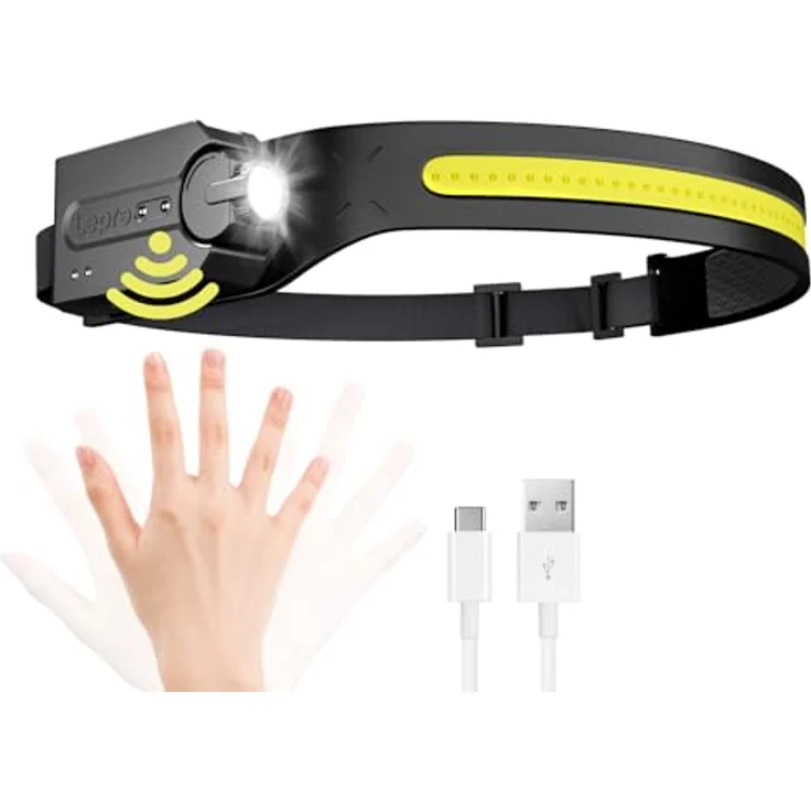Lepro Stirnlampe, wiederaufladbare LED Kopflampe mit 230° breitem Lichtkegel, einstellbarem Scheinwerfer, Bewegungssensor, 5 Modi, wasserdicht, leicht für Camping und Laufen – Bild 1