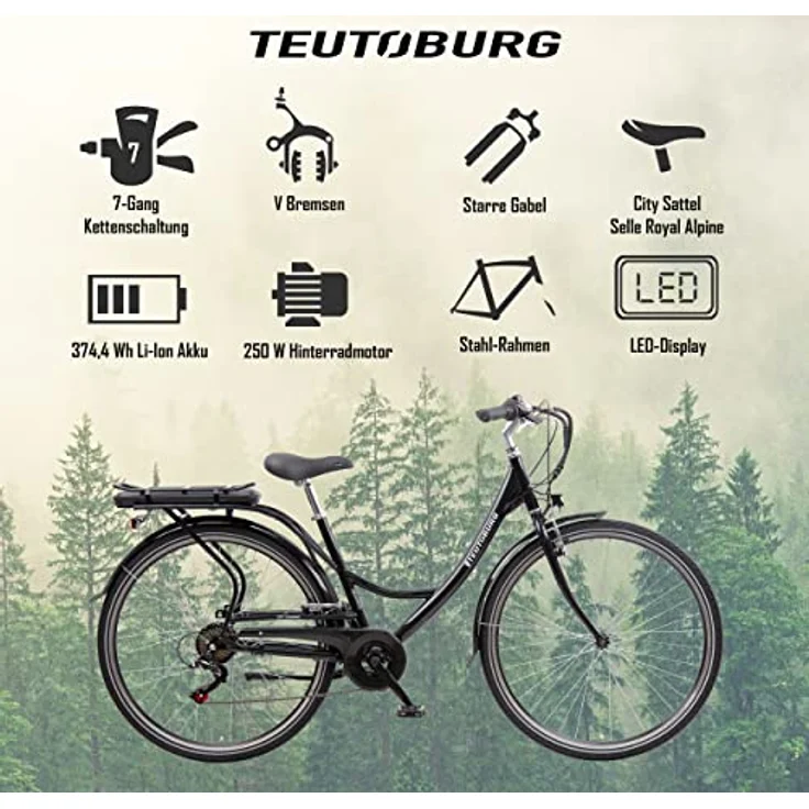 Teutoburg Senne Pedelec Citybike Elektrofahrrad schwarz, E-Bike 28 Zoll, 10,4 Ah/36V Lithium Ionen Akku, 7-Gang Shimano-Kettenschaltung - Preisvergleich – Bild 5