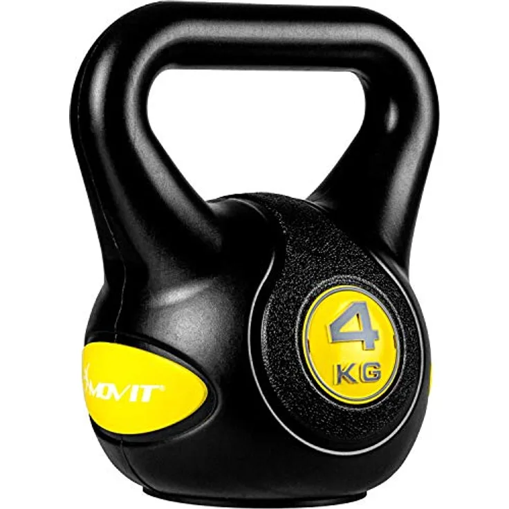 MOVIT Kettlebell STYLISH BLACK, Kugelhantel mit bodenschonender Kunststoffhülle, 2 kg bis 20 kg, schadstoffgeprüft, 4 kg gelb