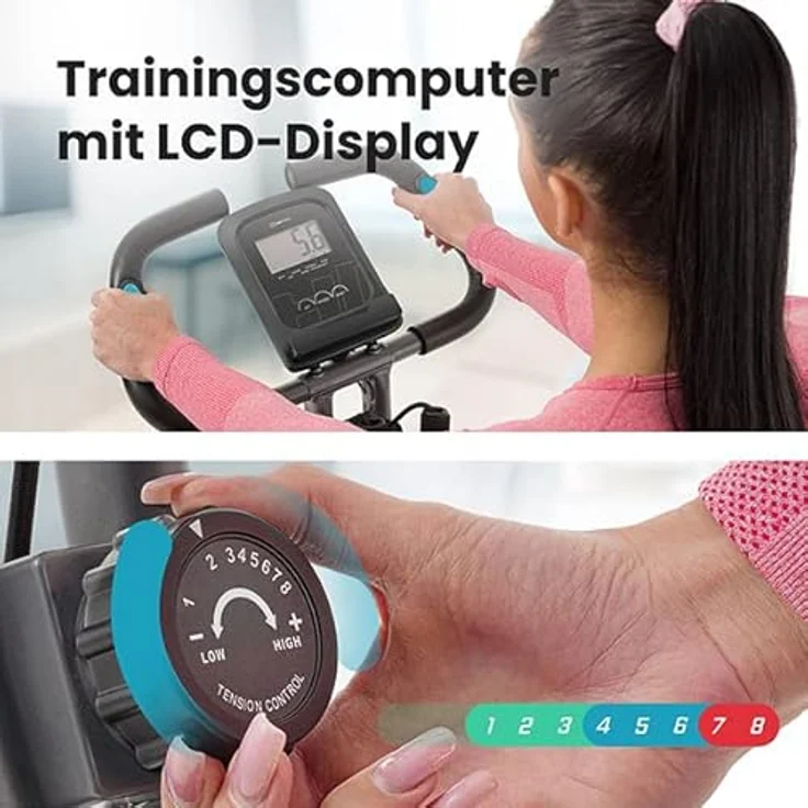 HS HOP-SPORT 3-in-1 Fitness Heimtrainer klappbar HS-3010x Grix - Fitnessfahrrad mit Rückenlehne, Widerstandsbändern, LCD-Display (Grau/Gelb) – Bild 3