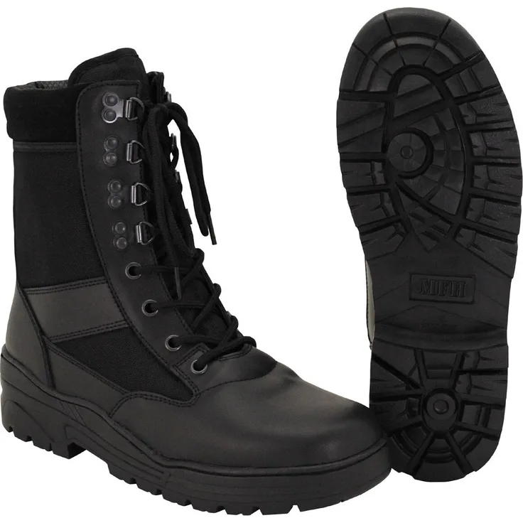 MFH Stiefel "Security", schwarz, 8-Loch, Gummisohle, atmungsaktiv und schnelltrocknend, robuste und ölresistente Sohle