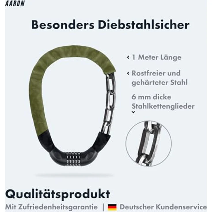 AARON Lock One Kettenschloss, Fahrradschloss mit 5-stelligem Zahlencode, gehärtetem Stahl und hoher Sicherheitsstufe, 100 cm, olive – Bild 2