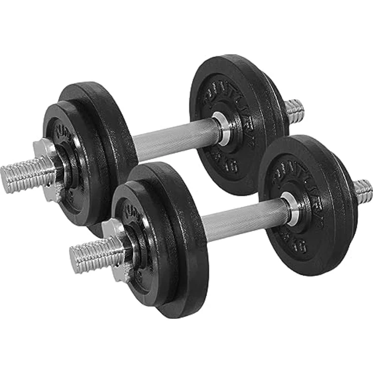 Tunturi Hantelset mit 2 Hantelstangen und 4 Gewichten, 20 kg aus 2X 2,5 kg und 2 x 1,25 kg, Gusseisen-Hanteln – Bild 1