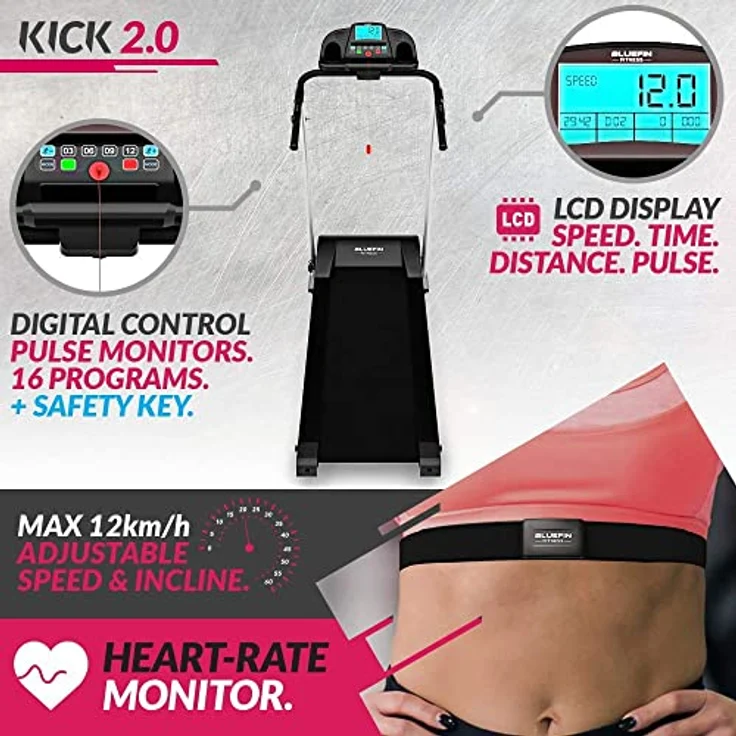 Bluefin Fitness Kick 2.0 Innovatives High-Speed Laufband, Klappbar | Kinomap App | Live Video Streaming | Video Coaching & Training | Leise | 12 Km/h + 18% Steigung | Gelenkschutz | HRC Sensoren – Bild 5