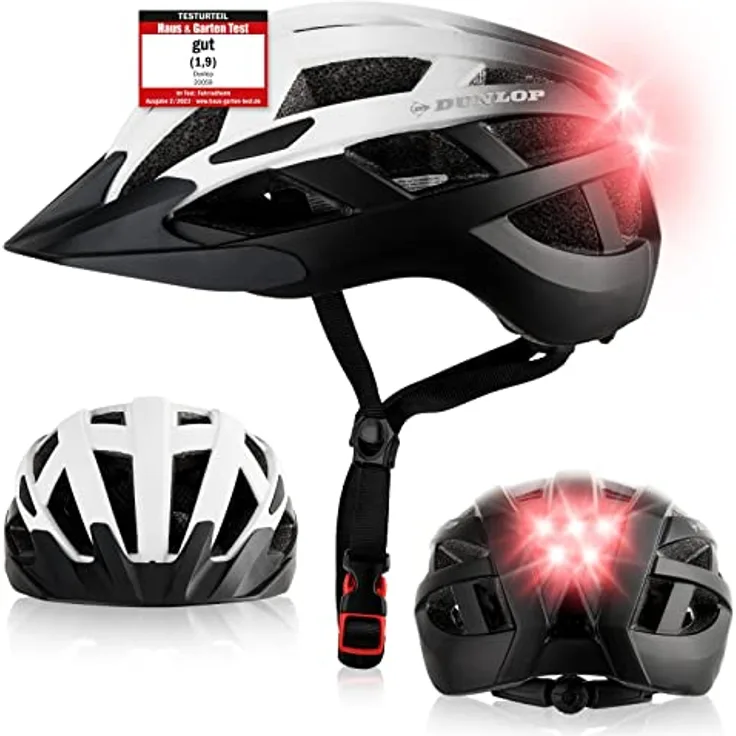 Dunlop Sports Fahrradhelm mit Licht, Ultraleichter Spezialhelm für Damen, Herren und Kinder, abnehmbares Visier, Rücklicht, Urban, Weiß/Schwarz, S (52-56 cm)