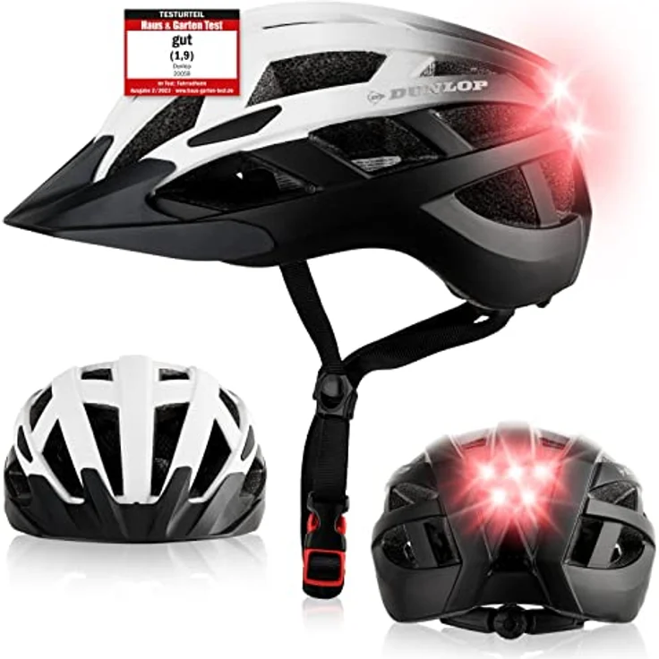 Dunlop Sports Fahrradhelm mit Licht, Ultraleichter Spezialhelm für Damen, Herren und Kinder, abnehmbares Visier, Rücklicht, Urban, Weiß/Schwarz, S (52-56 cm) – Bild 1