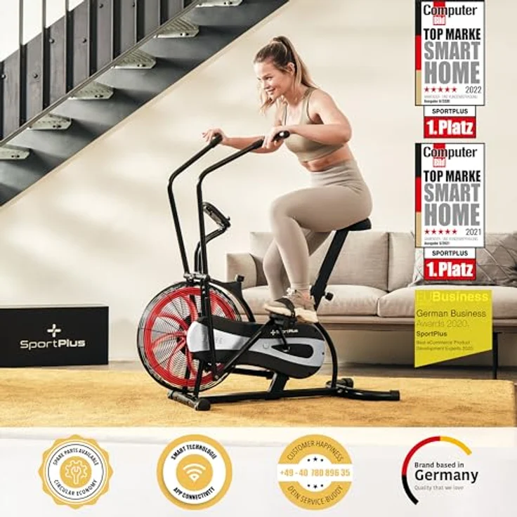 SportPlus Air Bike mit Luftwiderstand und Riemenbremssystem - effizienter HIIT Heimtrainer für Arme und Beine, mit Trainingscomputer, sicher & stabil bis 100kg, kompakte Maße, SP-FB-1000 – Bild 2