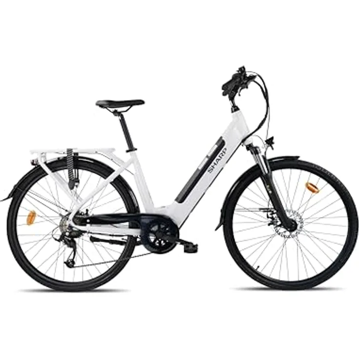 SHARP ED05EW City e-Bike für Damen, 28 Zoll Tiefeinsteiger Pedelec mit 250 W Motor, 18,5 Zoll Rahmen, 12,8 Ah Akku, Shimano 7-Gang, Scheibenbremsen, 25 km/h, bis 80 km Reichweite - weiß