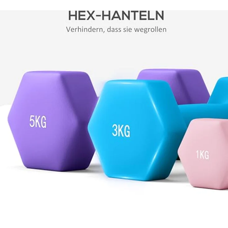 SPORTNOW Hanteln Set 6 Kurzhanteln mit Klappbarem Hantelständer, 2 x 1kg, 2 x 3kg, 2 x 5kg, Hexagon-Design, Rosa-Hellblau-Lila – Bild 6