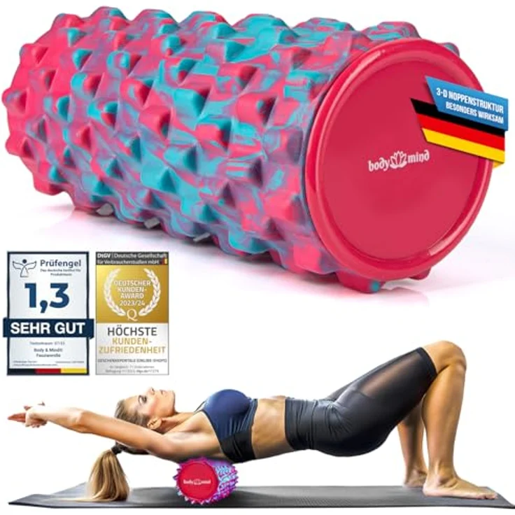 Body & Mind® Faszienrolle Massage-Rolle, 33 x 14,5 cm, 3D Noppenstruktur, pink-blau, für Oberkörper, Nacken, Rücken, Beine und Waden, perfekte Warming-Up-Lösung – Bild 1