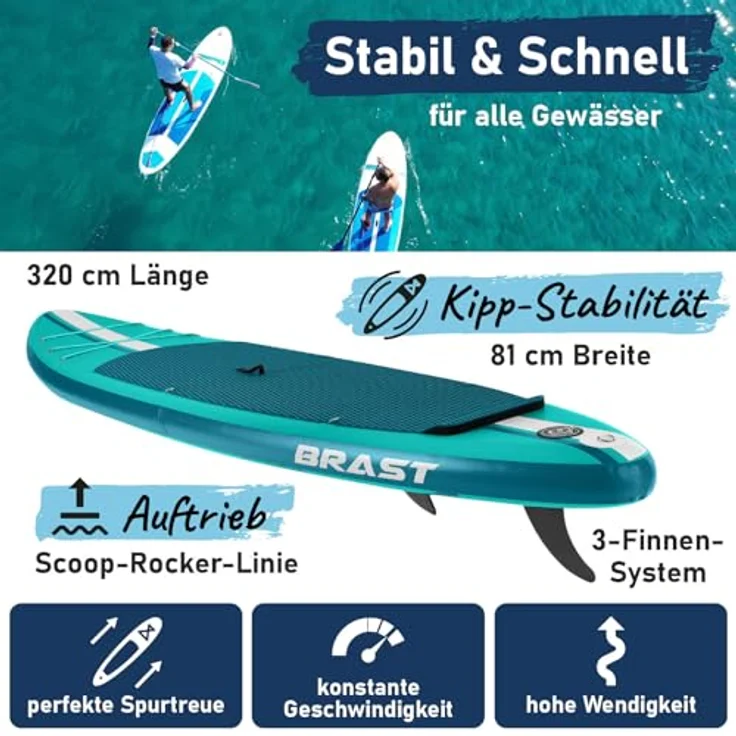 BRAST SUP Board Shark, Aufblasbares Stand up Paddle Set 320x81x15cm, 200 kg Tragkraft, inkl. Kajaksitz, 2in1 Paddel, Action-Cam-Halterung, 5 Jahre Garantie, 8 Designs – Bild 2