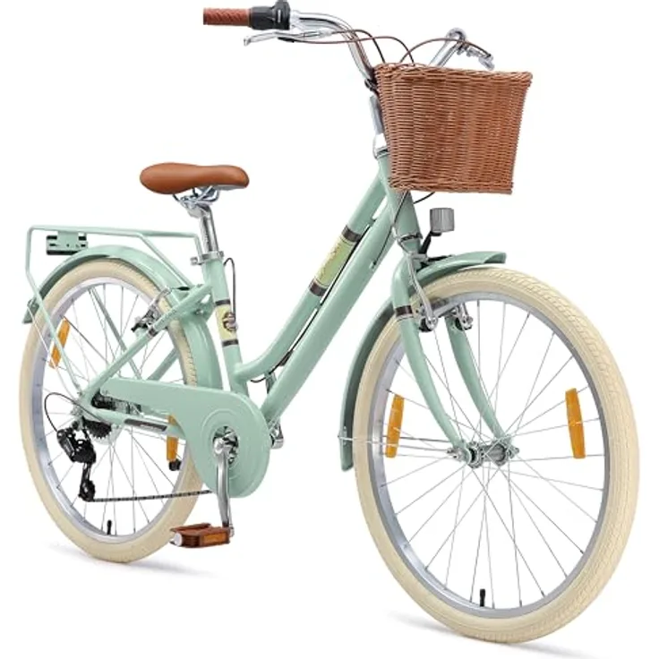 BIKESTAR Alu Kinderfahrrad 24 Zoll, City Retro Bike für 9-10 Jahre, 7 Gänge, V-Bremse, mit Korb, Mint, ergonomisch und leichtgängig