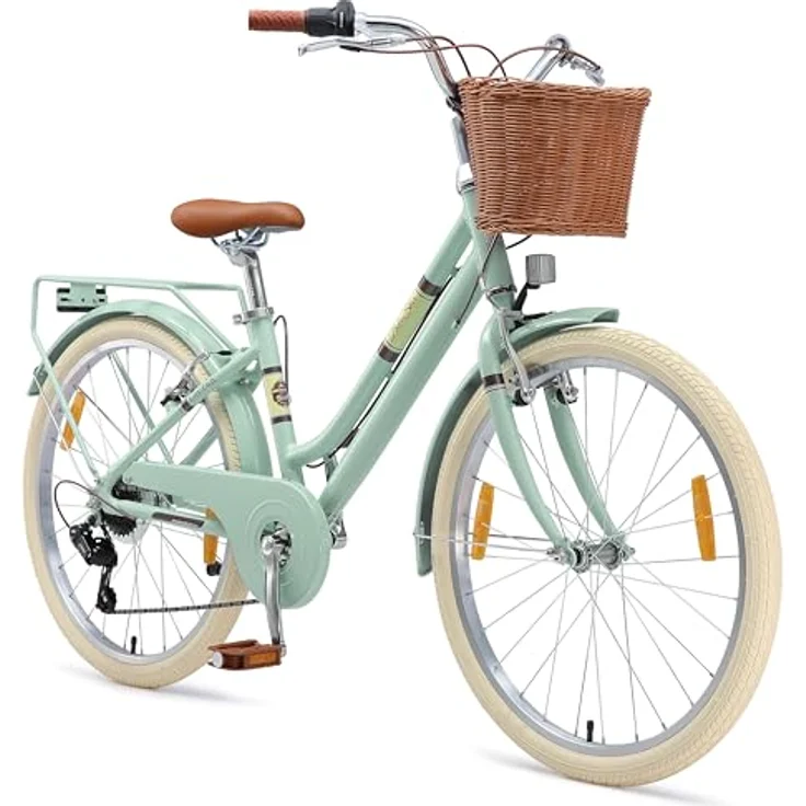 BIKESTAR Alu Kinderfahrrad 24 Zoll, City Retro Bike für 9-10 Jahre, 7 Gänge, V-Bremse, mit Korb, Mint, ergonomisch und leichtgängig – Bild 1