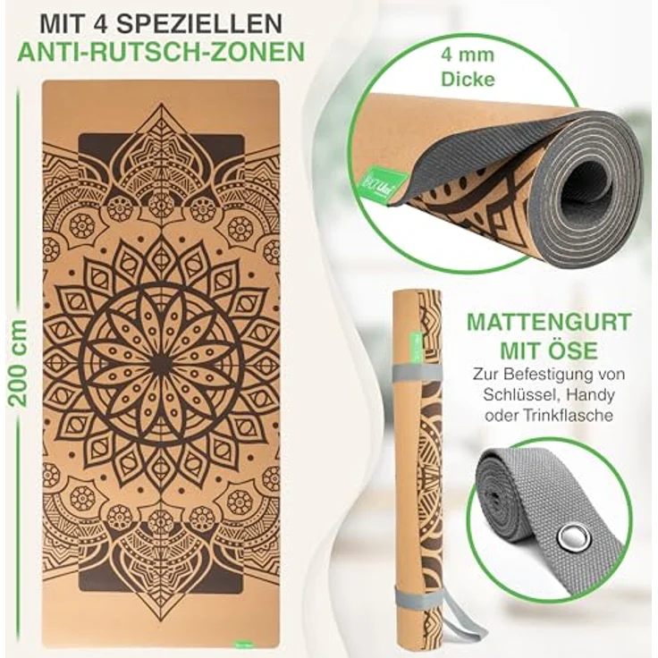 BACKLAXX ® Yogamatte Kork XXL mit Naturkautschuk - Yoga Matte nachhaltig, rutschfest, inkl. (ERLEUCHTUNG - XL) - Preisvergleich – Bild 4