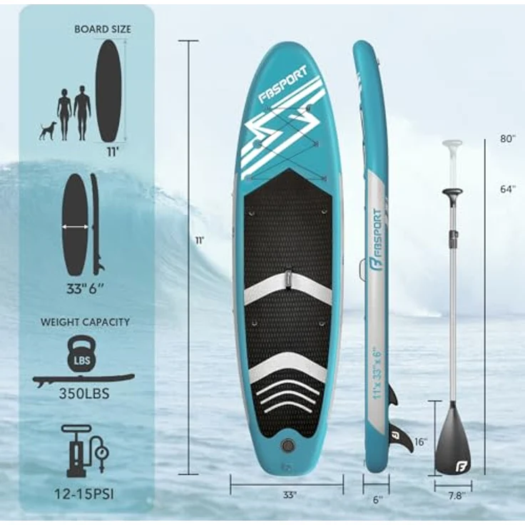 FBSPORT Aufblasbares SUP Board, Stand Up Paddling Board 15CM Dick, mit verstellbarem Aluminium SUP Paddel und Pumpe, Lakeblue – Bild 2