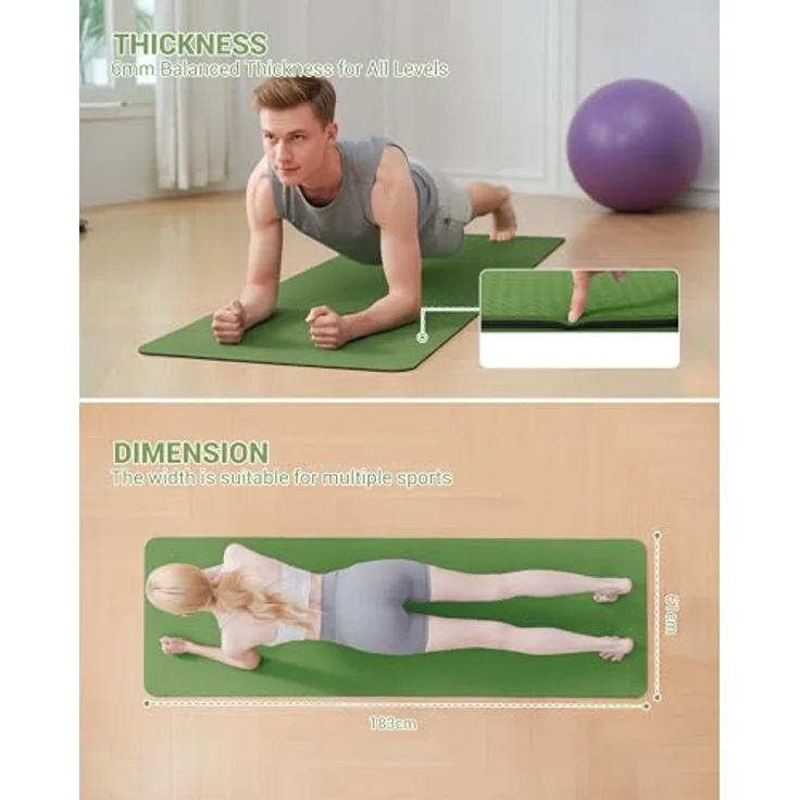 Good Nite Gymnastikmatte, rutschfeste Fitnessmatte mit Tragegurt, 183 x 61 x 0.6 cm, Grün/Schwarz, TPE-Material für hohe Stützwirkung und beidseitige Rutschfestigkeit – Bild 2