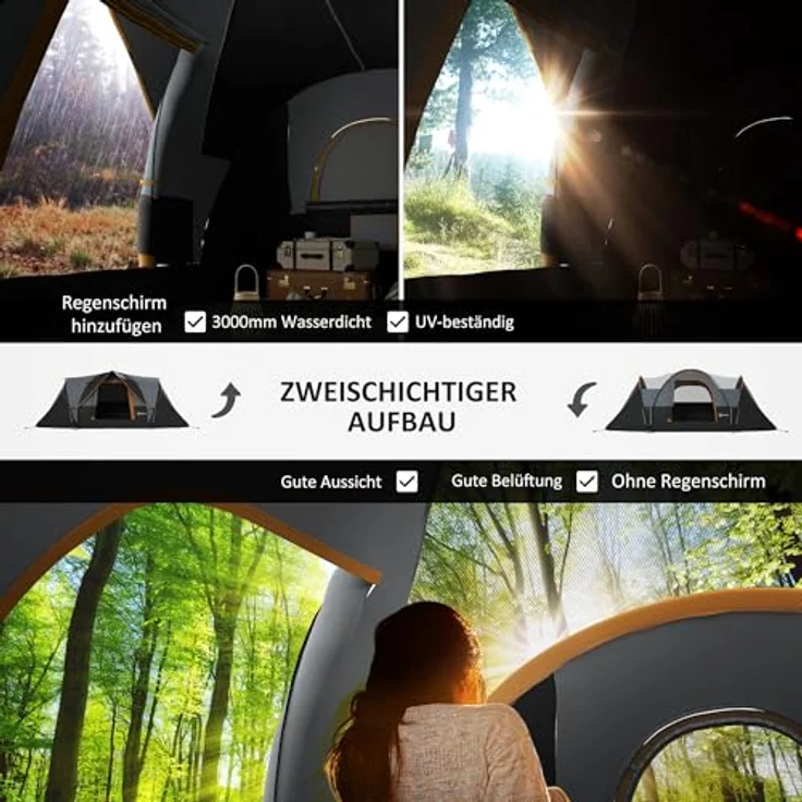 Outsunny Tunnelzelt für 5-6 Personen, wasserdicht und stabil mit 3000mm Wassersäule, inkl. Eingang, Fenster und Packtasche, Hellgrau – Bild 3