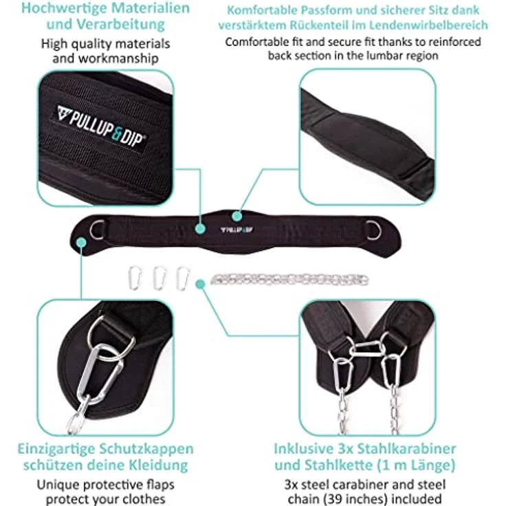 PULLUP & DIP Gürtel mit Kette und 3x Karabiner, Dip Gürtel inkl. Neopren Klappen als Kleiderschutz, Gewichtsgürtel, Weighted Belt, Klimmzug Gürtel für Calisthenics, Kraftsport, Bodybuilding – Bild 3