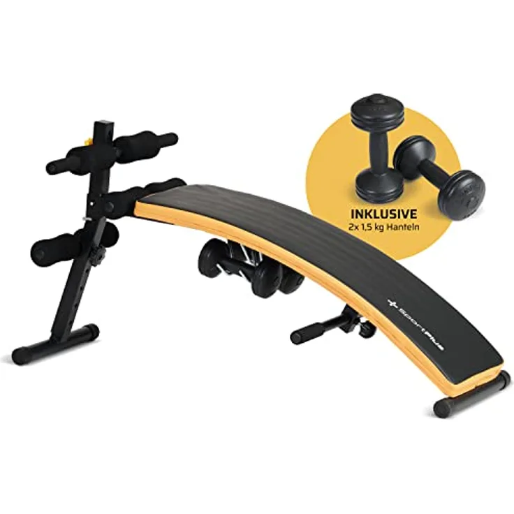 SportPlus Sit Up Bank klappbar mit 2x 1,5 kg Hanteln, Bauchtrainer mit Beinfixierung, mit Handgriffen für diverse Übungen, Hantelbank, trainiert Bauch, Rücken, Schultern & mehr
