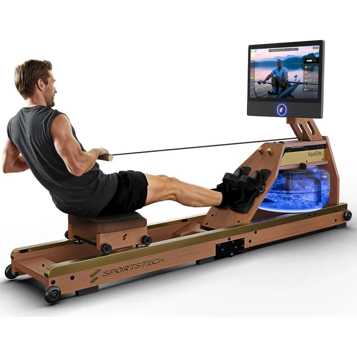 Sportstech AquaElite, Wasserrudergerät für zu Hause mit 21,5" HD Touchdisplay, LED-Wassertank in 7 Farben, 3 in 1 Wasserwiderstandssystem und Klappfunktion