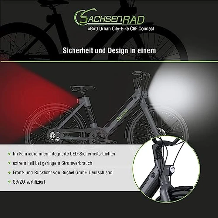 SachsenRAD xBird Urban City-Bike C6F Connect Elektrofahrrad 26 Zoll | LCD Display, Diebstahlschutz APP, LED-Leuchten | für 150-180CM, 59cm Rahmenhöhe – Bild 5