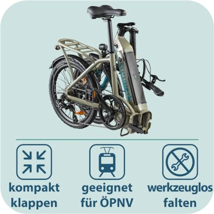 Tretwerk Camper E-Bike Klapprad 20 Zoll, 468 Wh Pedelec für Damen und Herren, beige/türkis – Bild 5