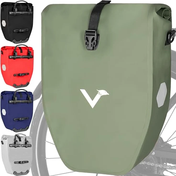 Valkental Gepäckträgertasche ValkBasic, wasserdicht, 28L Füllvolumen, Natur Grün mit Reflektoren – Bild 1