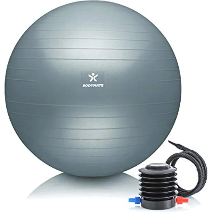 BODYMATE Gymnastikball Sitzball Trainingsball mit GRATIS E-Book inkl. Luft-Pumpe, Ball für Fitness, Yoga, Gymnastik, Core Training, für starken Rücken als Büro-Stuhl COOL-Grey-Blue 75cm